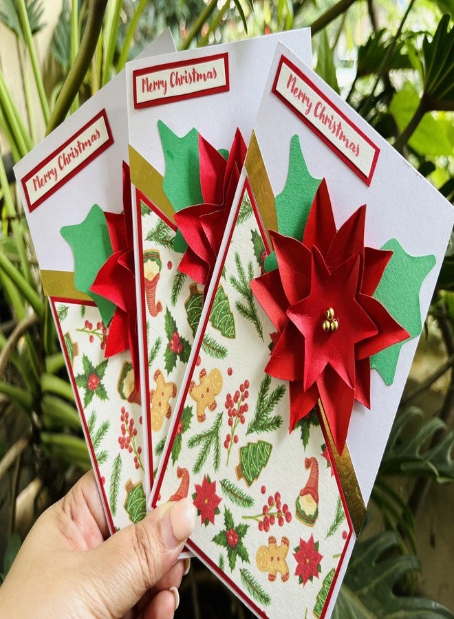 Crafted Forever Poinsettia Flower Handmade Christmas Greeting Card- Set 0f 3 with Envelopes, blank inside - Image 1